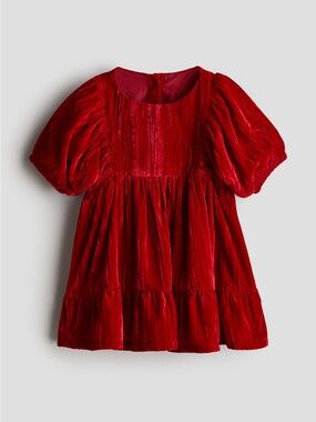 H&M Red Velvet Puff-Sleeve Babydoll Dress